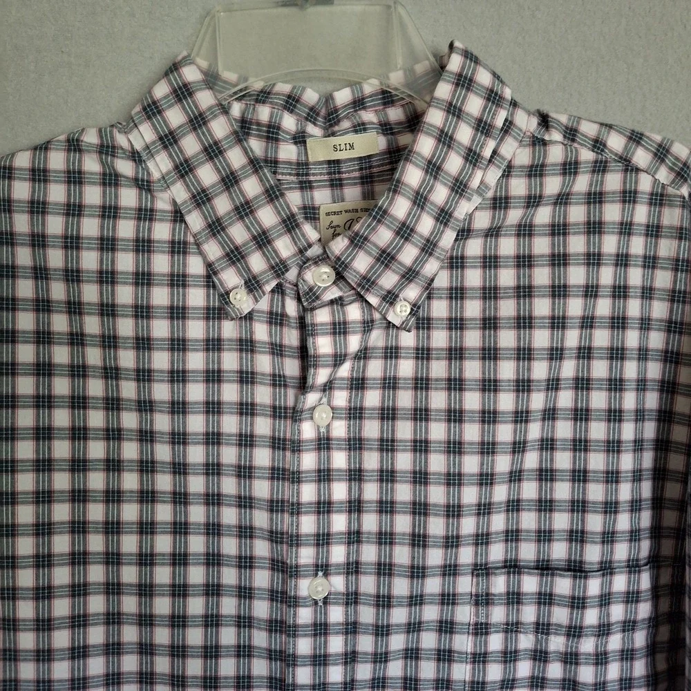 J Crew 2XL Shirt Slim Fit Button Down Gray Red Plaid Stretch Cotton Blend Casual
